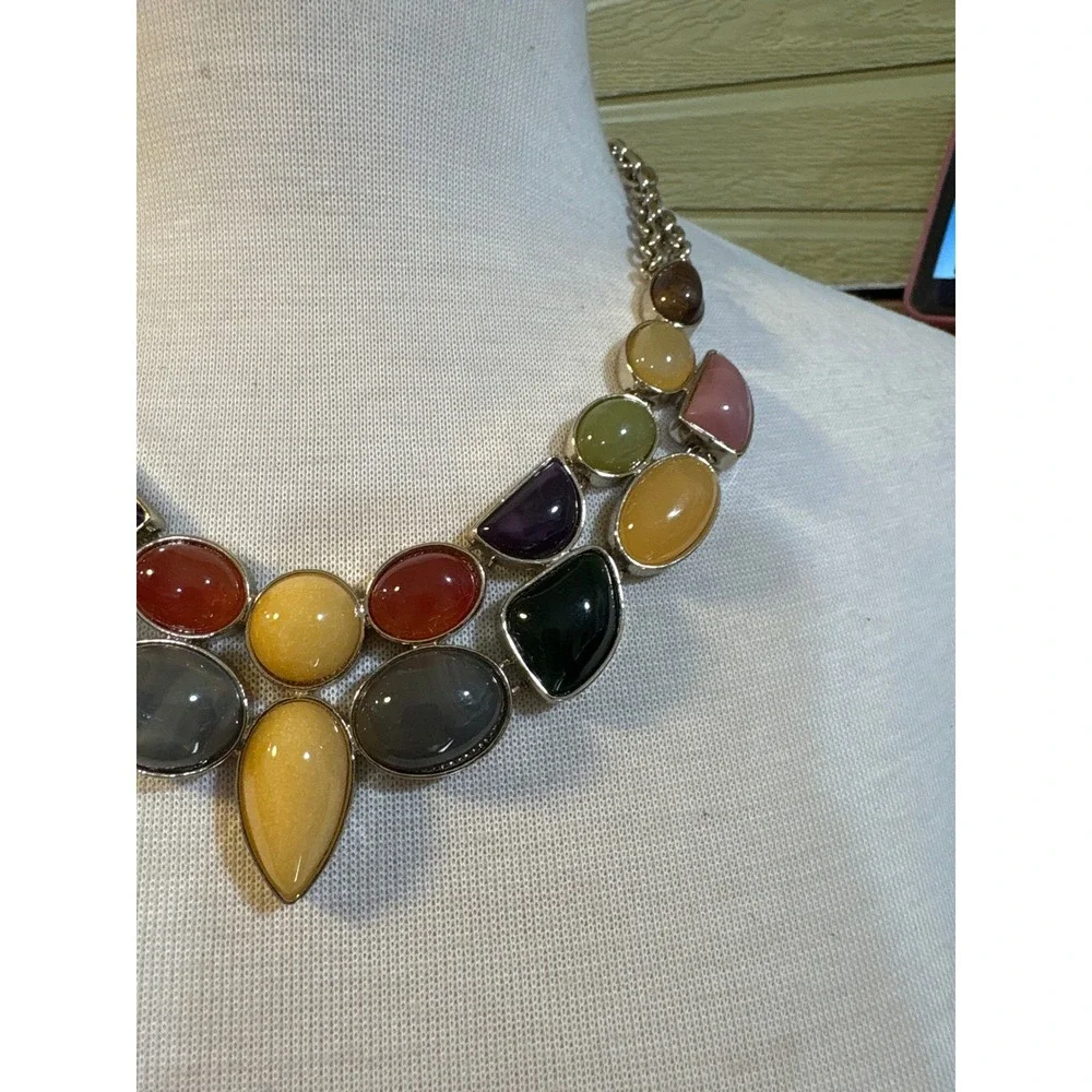 Loft Multi Color Resin Stone Bib Statement Necklace Gold‎ Tone